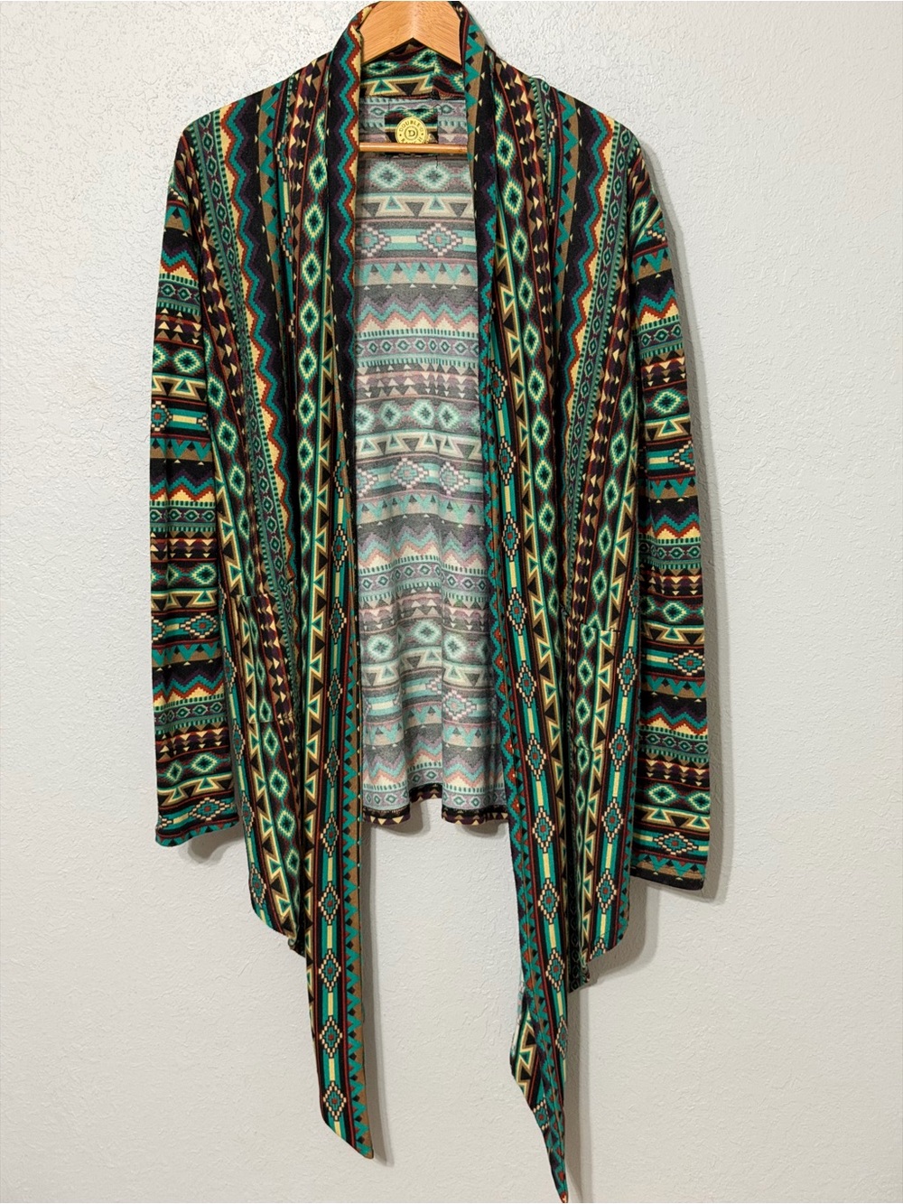 Double D Ranch Open-Front Aztec Print Cardigan Jacket - Teal & Brown Medium